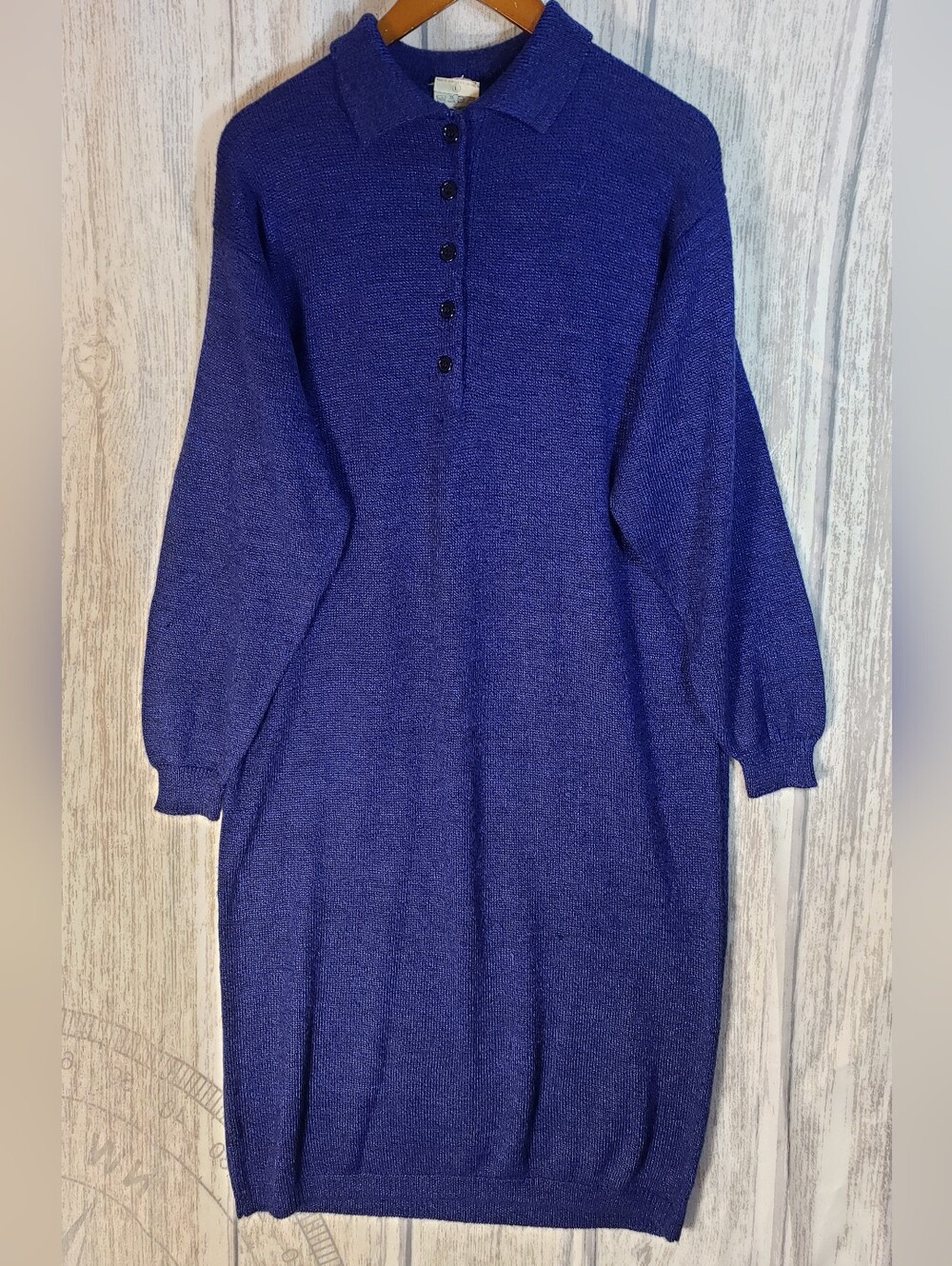 Vtg 80s Classic Knit Polo Sweater Dress - Royal Blue - Cozy - Large